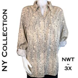 NY Collection Button Front Blouse 3X Beige Black Dotted Tab Sleeve Stretch NEW